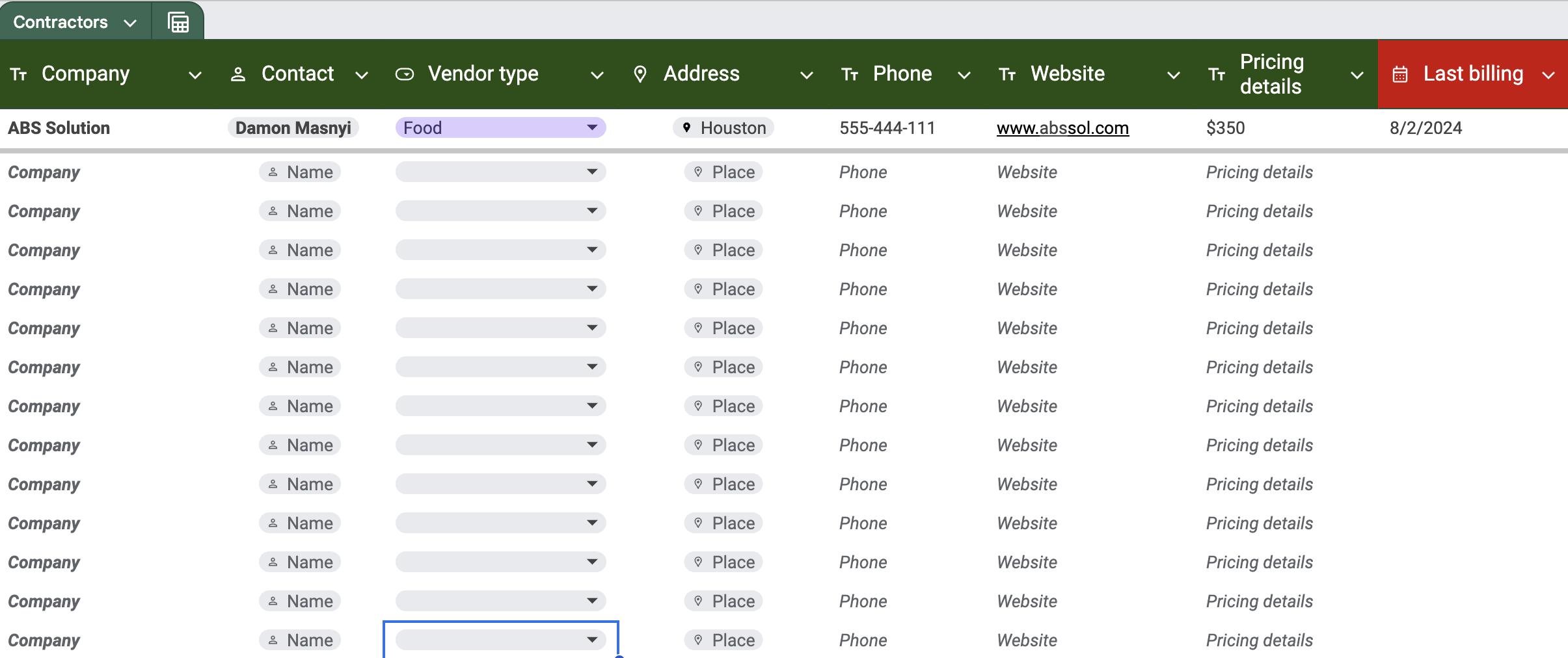 承包商联系人列表模板的截图